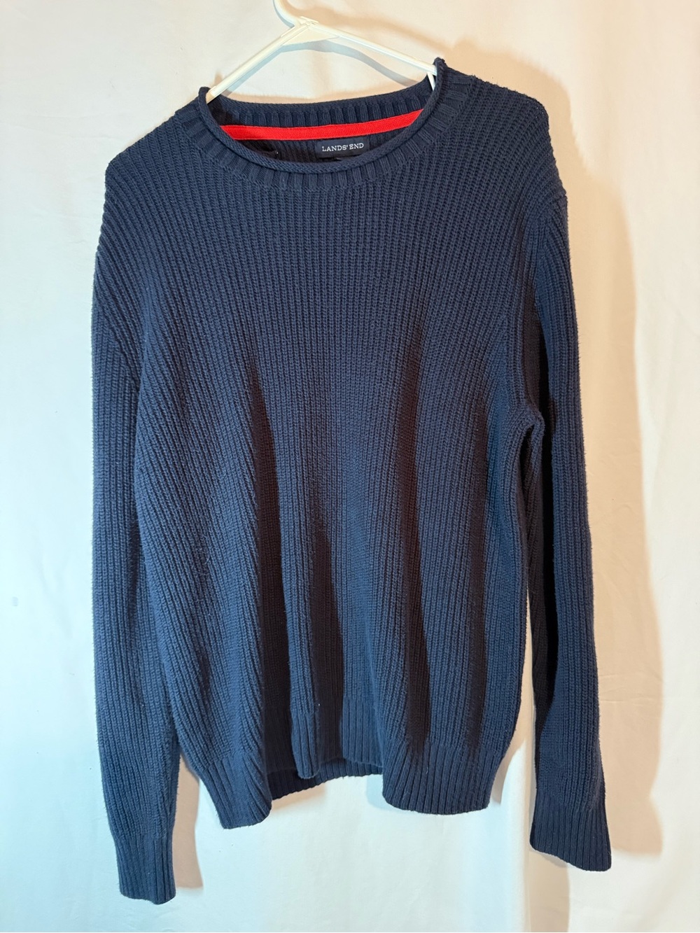Lands’ End Women’s L Navy Blue Cotton Blend Chunky Ribbed Crewneck Sweater